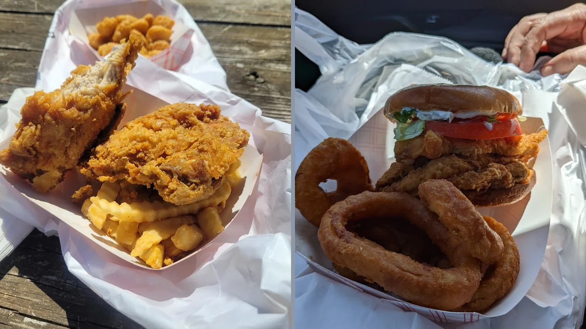 Crispy chicken pieces beside coleslaw and fries.