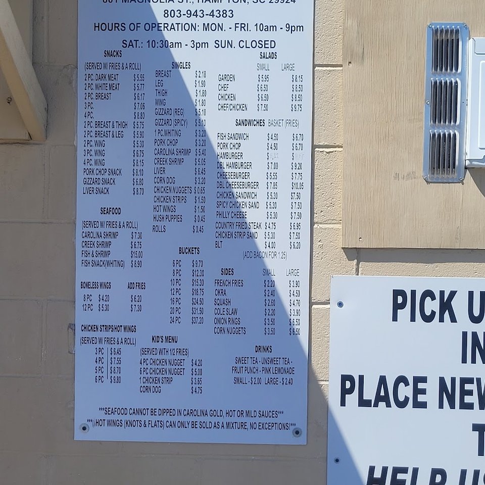 Printed menu for fried chicken and sandwiches.